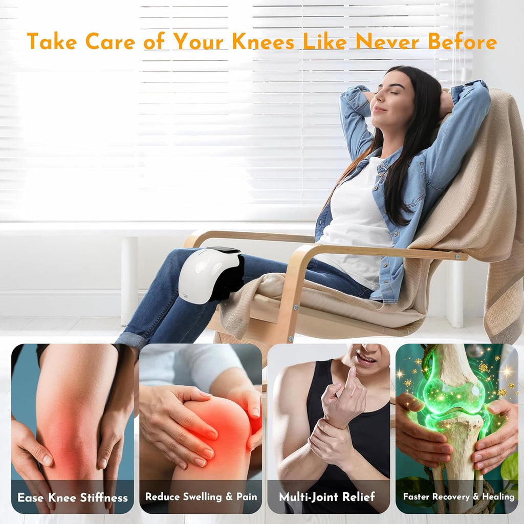 Knee Massager with Heat and Vibration,White | Cordless Wraparound Design, 3 Heat Levels, 3 Vibration Modes, Red Light, LED Touch Control, Gift for Women Men