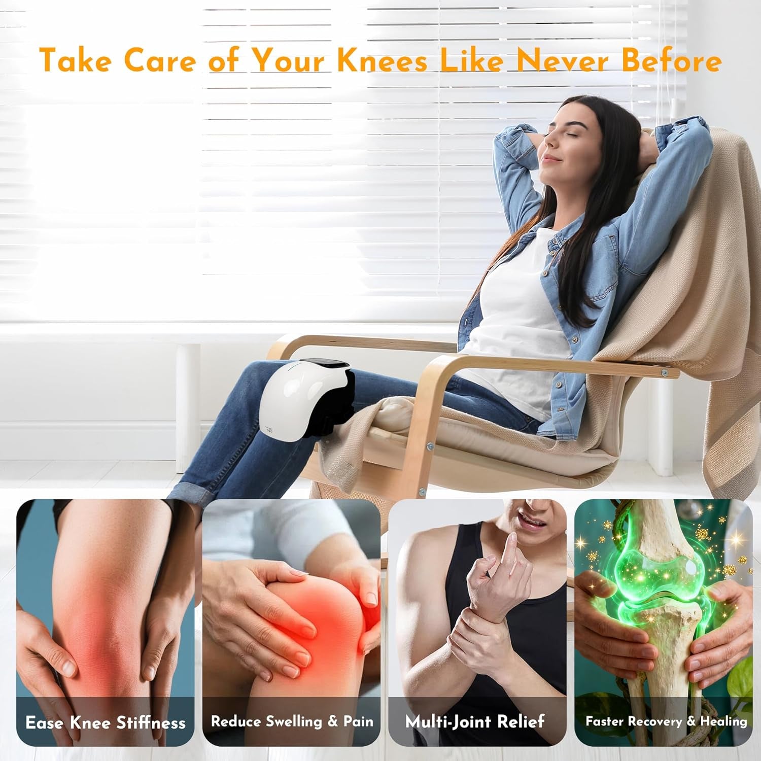 Knee Massager with Heat and Vibration,White | Cordless Wraparound Design, 3 Heat Levels, 3 Vibration Modes, Red Light, LED Touch Control, Gift for Women Men