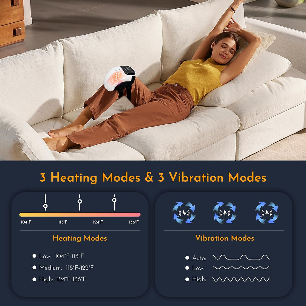 Knee Massager with Heat and Vibration,White | Cordless Wraparound Design, 3 Heat Levels, 3 Vibration Modes, Red Light, LED Touch Control, Gift for Women Men