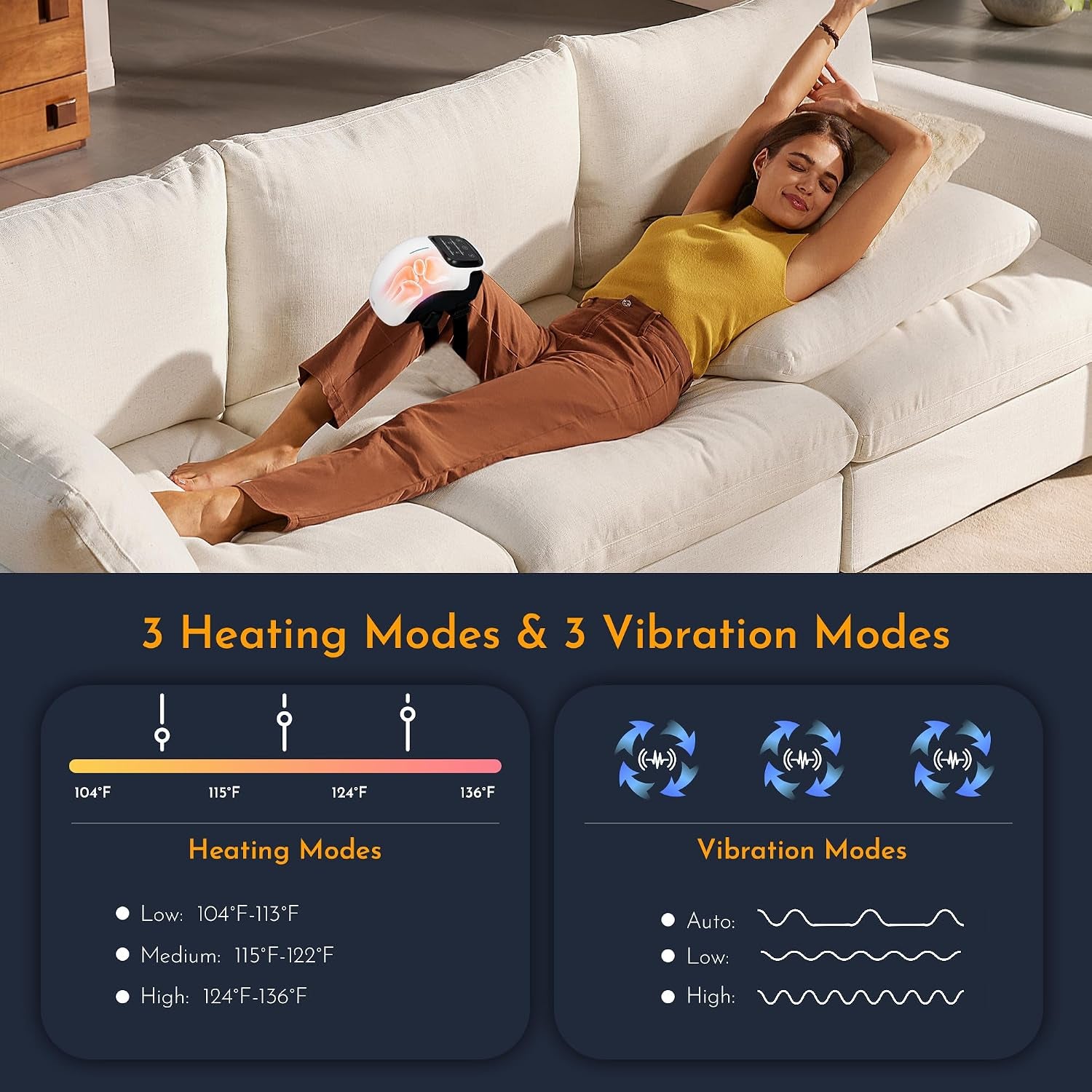 Knee Massager with Heat and Vibration,White | Cordless Wraparound Design, 3 Heat Levels, 3 Vibration Modes, Red Light, LED Touch Control, Gift for Women Men